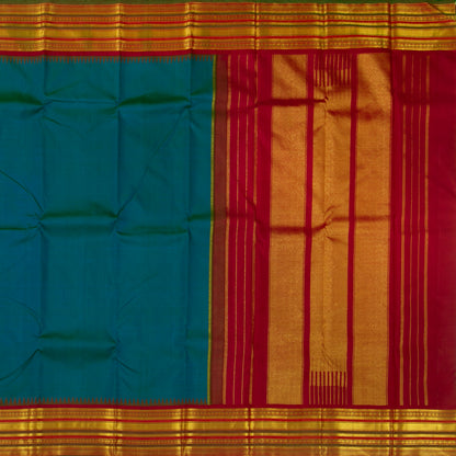 Mayilkazhuthu Blue And Red Kanchipuram Silk Saree With Medium Border Handwoven Pure Silk For Festive Wear PV J 3764