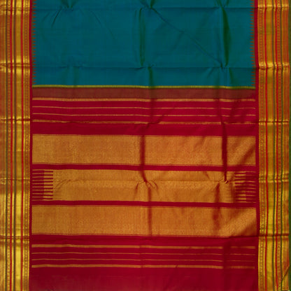 Mayilkazhuthu Blue And Red Kanchipuram Silk Saree With Medium Border Handwoven Pure Silk For Festive Wear PV J 3764