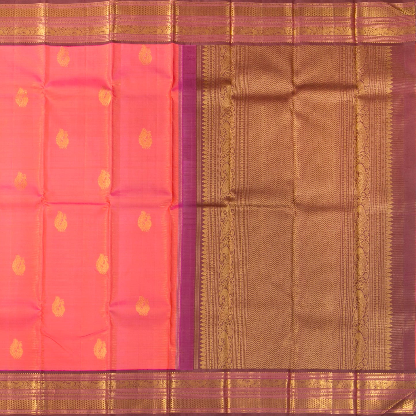 Peach And Brown Kanchipuram Vairaoosi Silk Saree With Medium Border Handwoven Pure Silk For Festive Wear PV J 4508