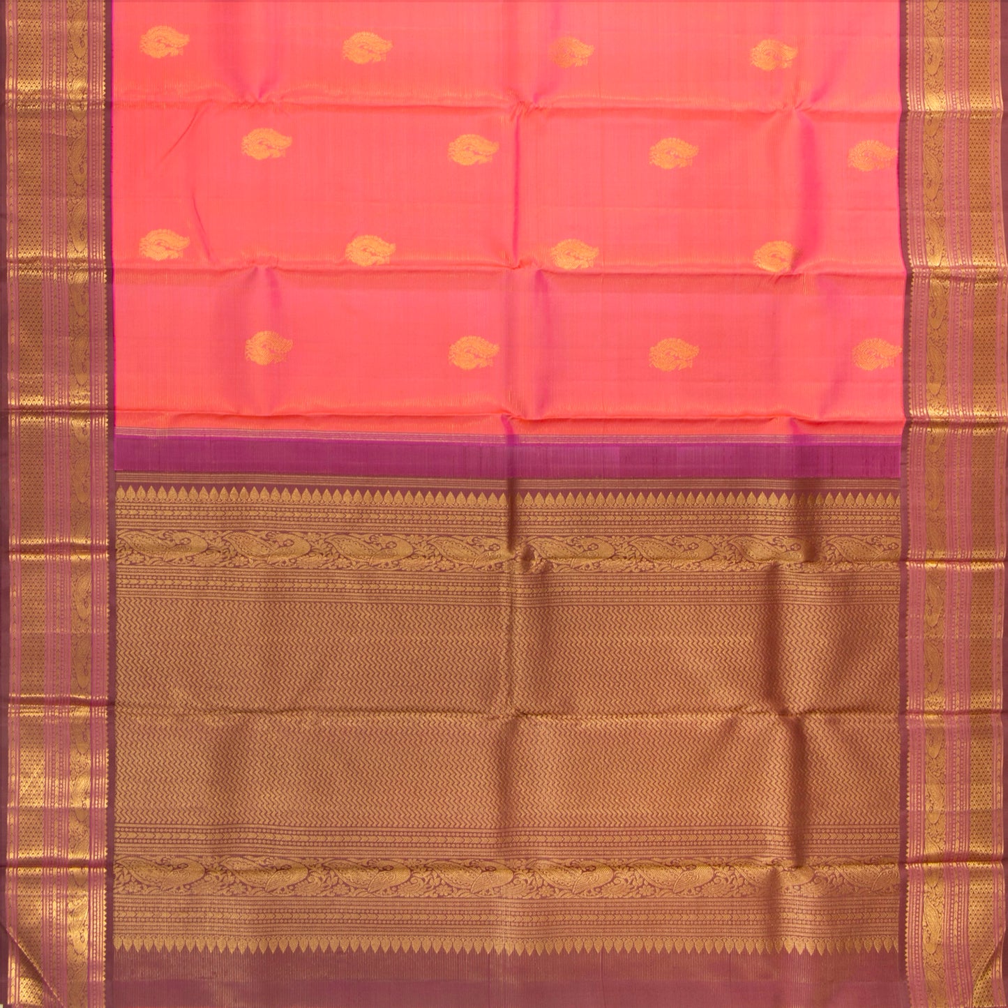 Peach And Brown Kanchipuram Vairaoosi Silk Saree With Medium Border Handwoven Pure Silk For Festive Wear PV J 4508