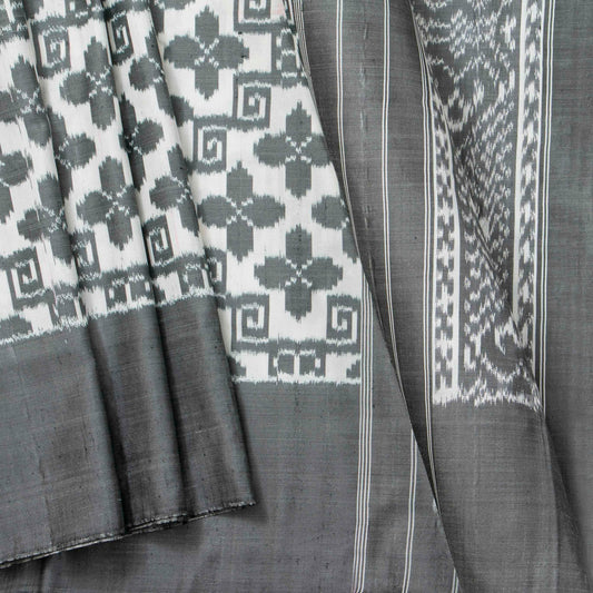 White And Grey Double Ikkat Pochampally Silk Saree Without Zari For Office Wear PIK 382