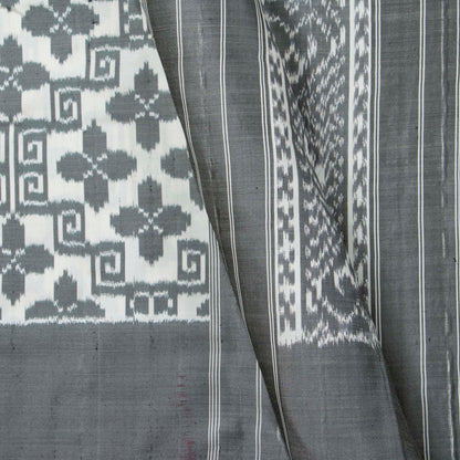 White And Grey Double Ikkat Pochampally Silk Saree Without Zari For Office Wear PIK 382