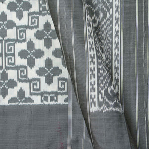 White And Grey Double Ikkat Pochampally Silk Saree Without Zari For Office Wear PIK 382
