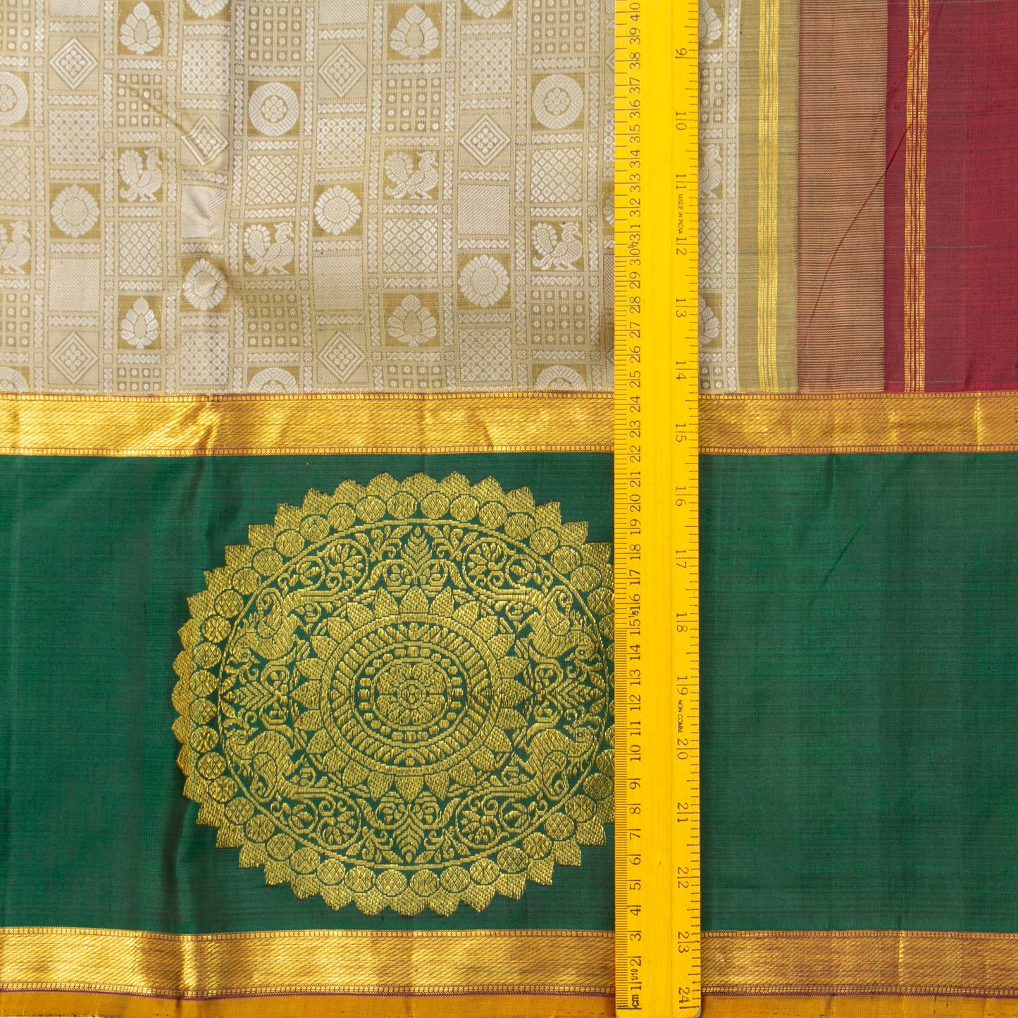 Beige, Red And Green Kanchipuram Silk Saree For Festive Wear PV J 4967 - Silk Sari - Panjavarnam PV J 4967