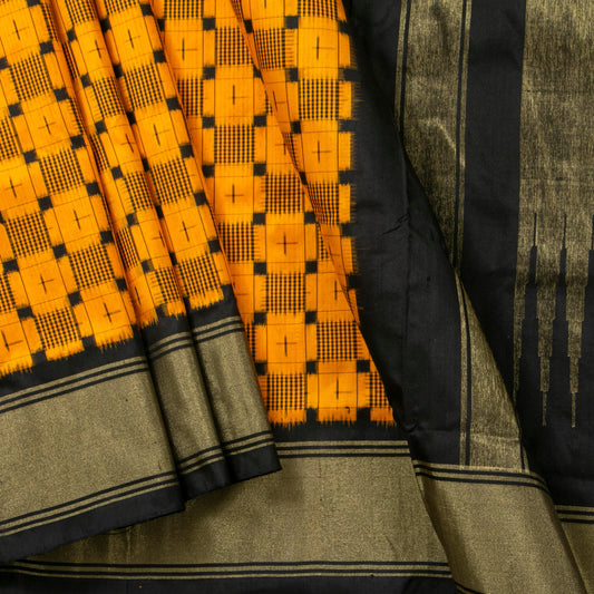 Yellow And Black Sambalpuri Ikkat Silk Saree With Tissue Zari Border For Festive Wear PIK 386