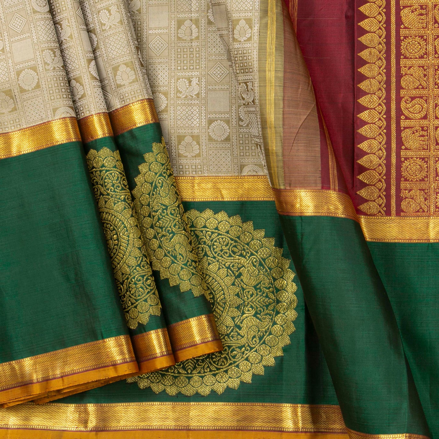 Beige, Red And Green Kanchipuram Silk Saree For Festive Wear PV J 4967 - Silk Sari - Panjavarnam PV J 4967