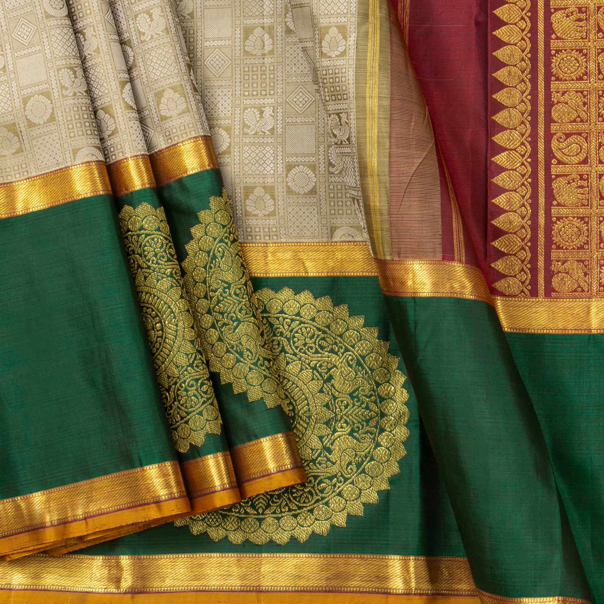 Beige, Red And Green Kanchipuram Silk Saree For Festive Wear PV J 4967 - Silk Sari - Panjavarnam PV J 4967