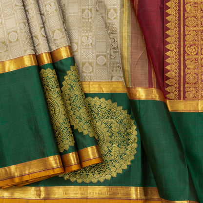 Beige, Red And Green Kanchipuram Silk Saree For Festive Wear PV J 4967 - Silk Sari - Panjavarnam PV J 4967