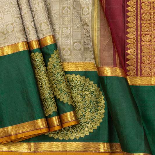 Beige, Red And Green Kanchipuram Silk Saree For Festive Wear PV J 4967