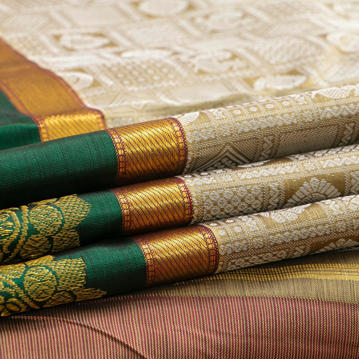 Beige, Red And Green Kanchipuram Silk Saree For Festive Wear PV J 4967 - Silk Sari - Panjavarnam PV J 4967