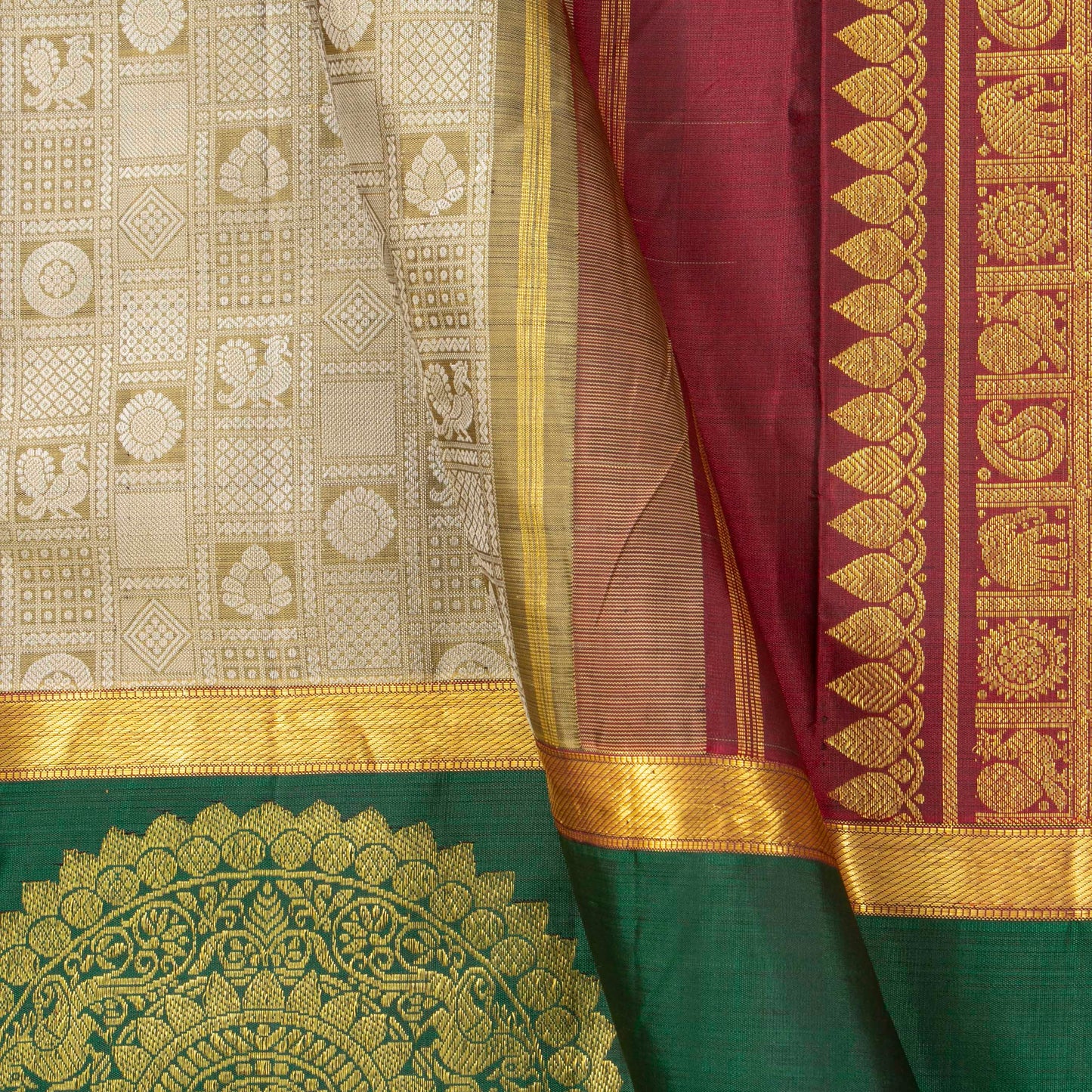 Beige, Red And Green Kanchipuram Silk Saree For Festive Wear PV J 4967 - Silk Sari - Panjavarnam PV J 4967