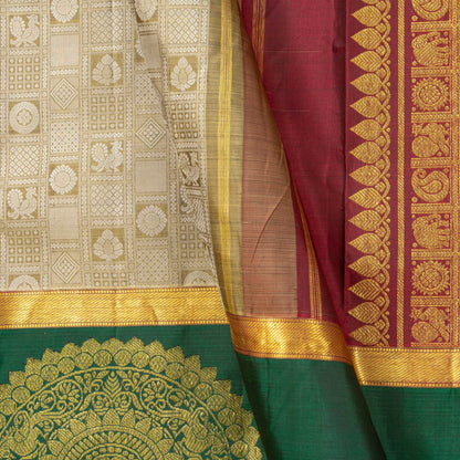 Beige, Red And Green Kanchipuram Silk Saree For Festive Wear PV J 4967 - Silk Sari - Panjavarnam PV J 4967