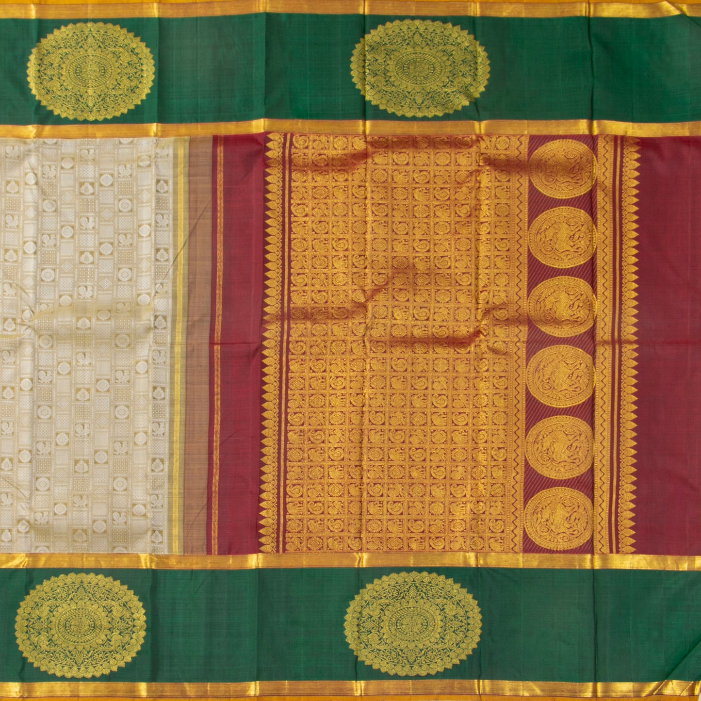Beige, Red And Green Kanchipuram Silk Saree For Festive Wear PV J 4967 - Silk Sari - Panjavarnam PV J 4967
