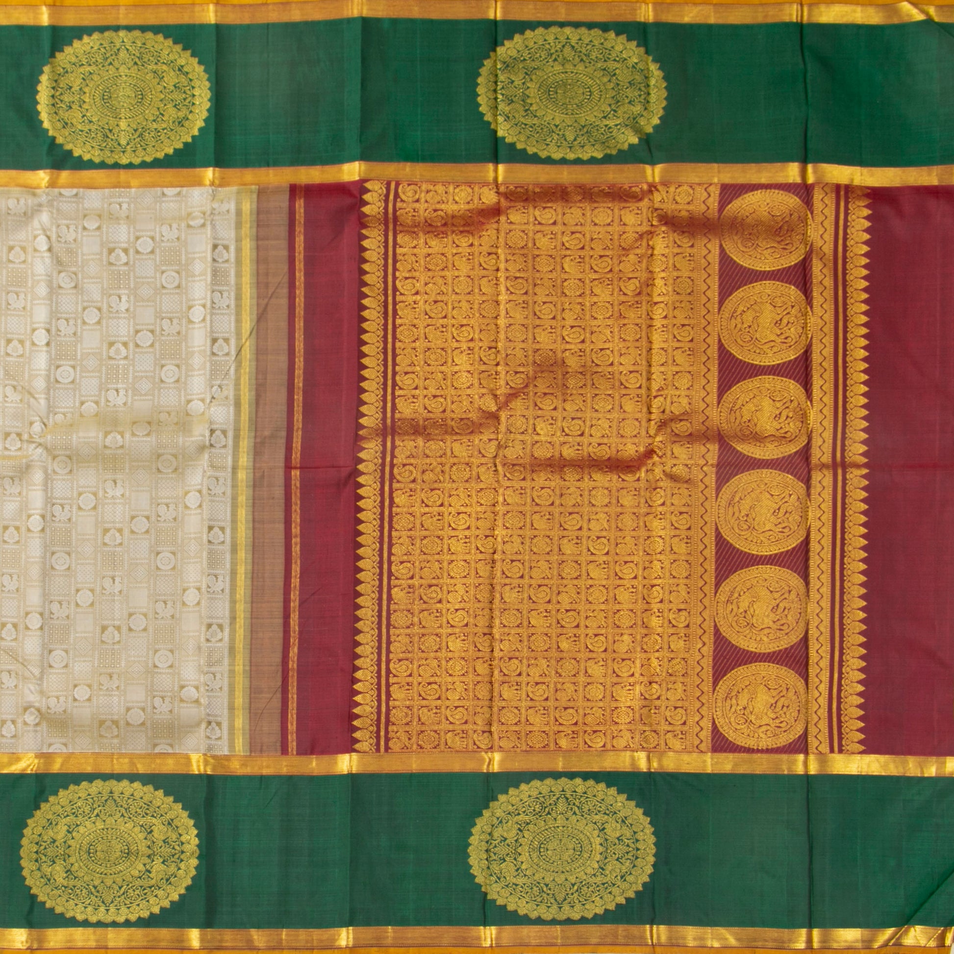 Beige, Red And Green Kanchipuram Silk Saree For Festive Wear PV J 4967 - Silk Sari - Panjavarnam PV J 4967