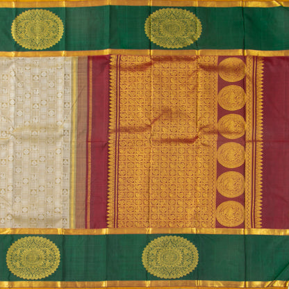 Beige, Red And Green Kanchipuram Silk Saree For Festive Wear PV J 4967 - Silk Sari - Panjavarnam PV J 4967