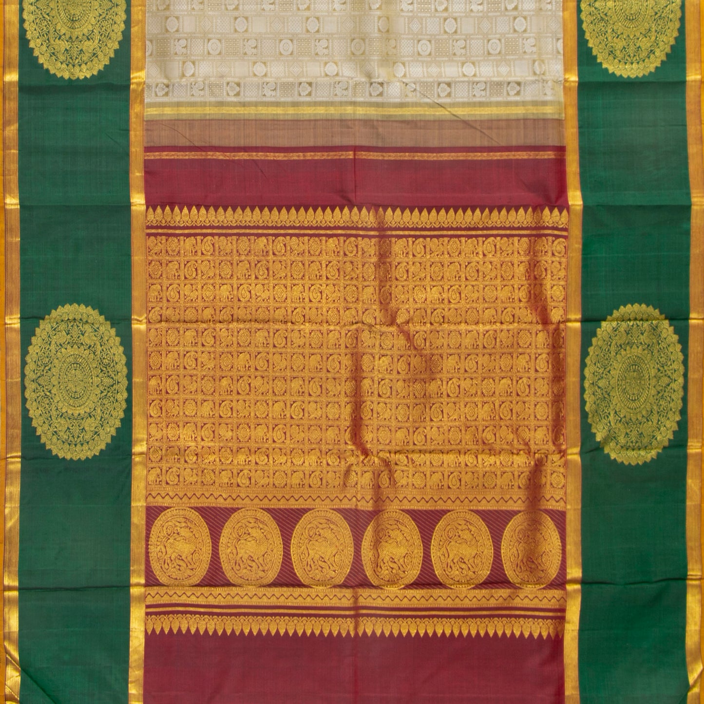 Beige, Red And Green Kanchipuram Silk Saree For Festive Wear PV J 4967 - Silk Sari - Panjavarnam PV J 4967