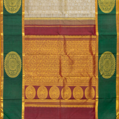 Beige, Red And Green Kanchipuram Silk Saree For Festive Wear PV J 4967 - Silk Sari - Panjavarnam PV J 4967