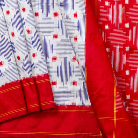 White And Red Sambalpuri Ikkat Silk Saree Without Zari For Office Wear PIK 387