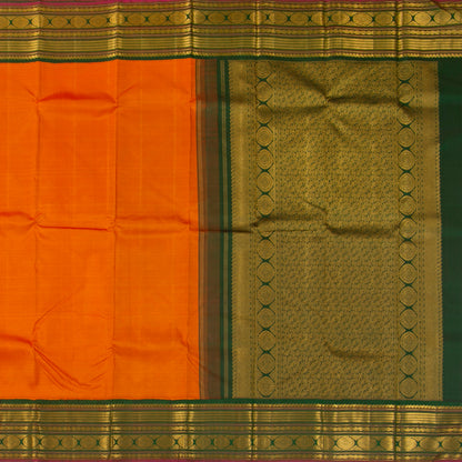 Orange And Green Kanchipuram Silk Saree With Medium Border Handwoven Pure Silk For Festive Wear PV J 4511