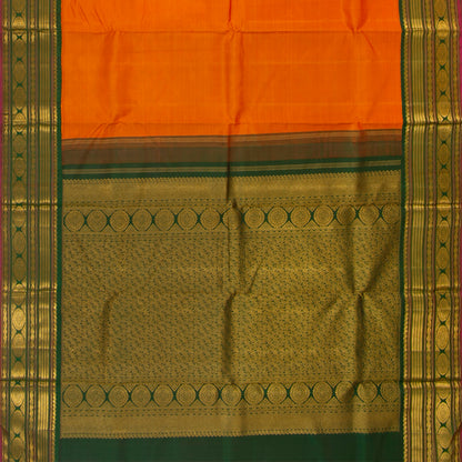 Orange And Green Kanchipuram Silk Saree With Medium Border Handwoven Pure Silk For Festive Wear PV J 4511