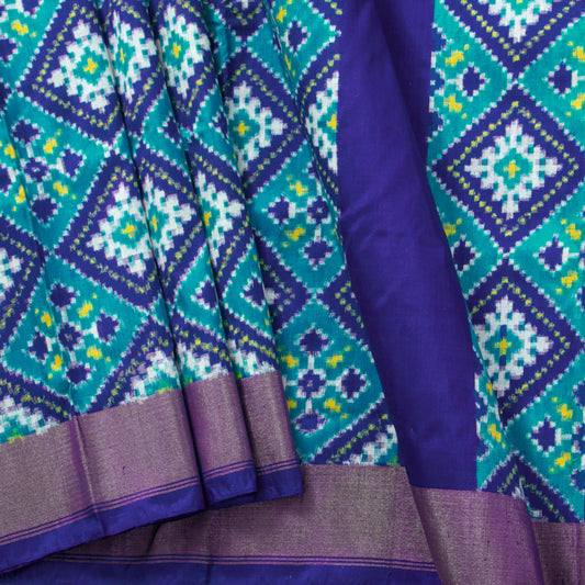 Cyan And Royal Blue Pochampally Double Ikkat Silk Saree With Tissue Zari Border For Festive Wear PIK 389