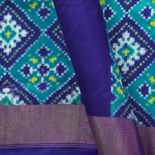 Cyan And Royal Blue Pochampally Double Ikkat Silk Saree With Tissue Zari Border For Festive Wear PIK 389