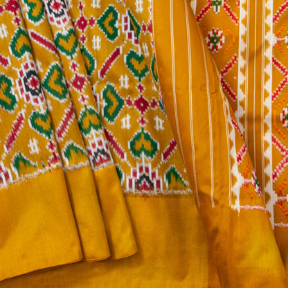 Mustard And Yellow Double Ikkat Pochampally Silk Saree For Festive Wear PIK 384