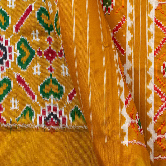 Mustard And Yellow Double Ikkat Pochampally Silk Saree For Festive Wear PIK 384