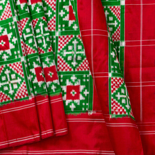 Green And Red Double Ikkat Pochampally Silk Saree For Festive Wear PIK 371