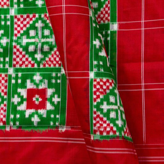 Green And Red Double Ikkat Pochampally Silk Saree For Festive Wear PIK 371