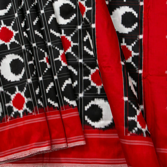 Black And Red Double Ikkat Pochampally Silk Saree Without Zari For Office Wear PIK 378