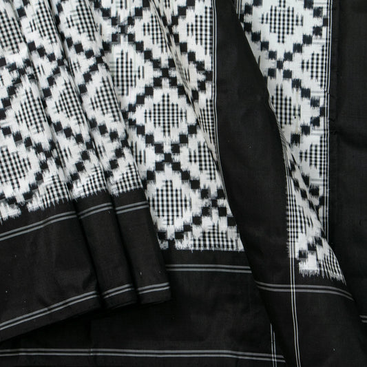 Black And White Double Ikkat Pochampally Silk Saree Without Zari For Office Wear PIK 376