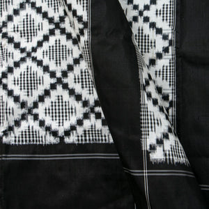 Black And White Double Ikkat Pochampally Silk Saree Without Zari For Office Wear PIK 376