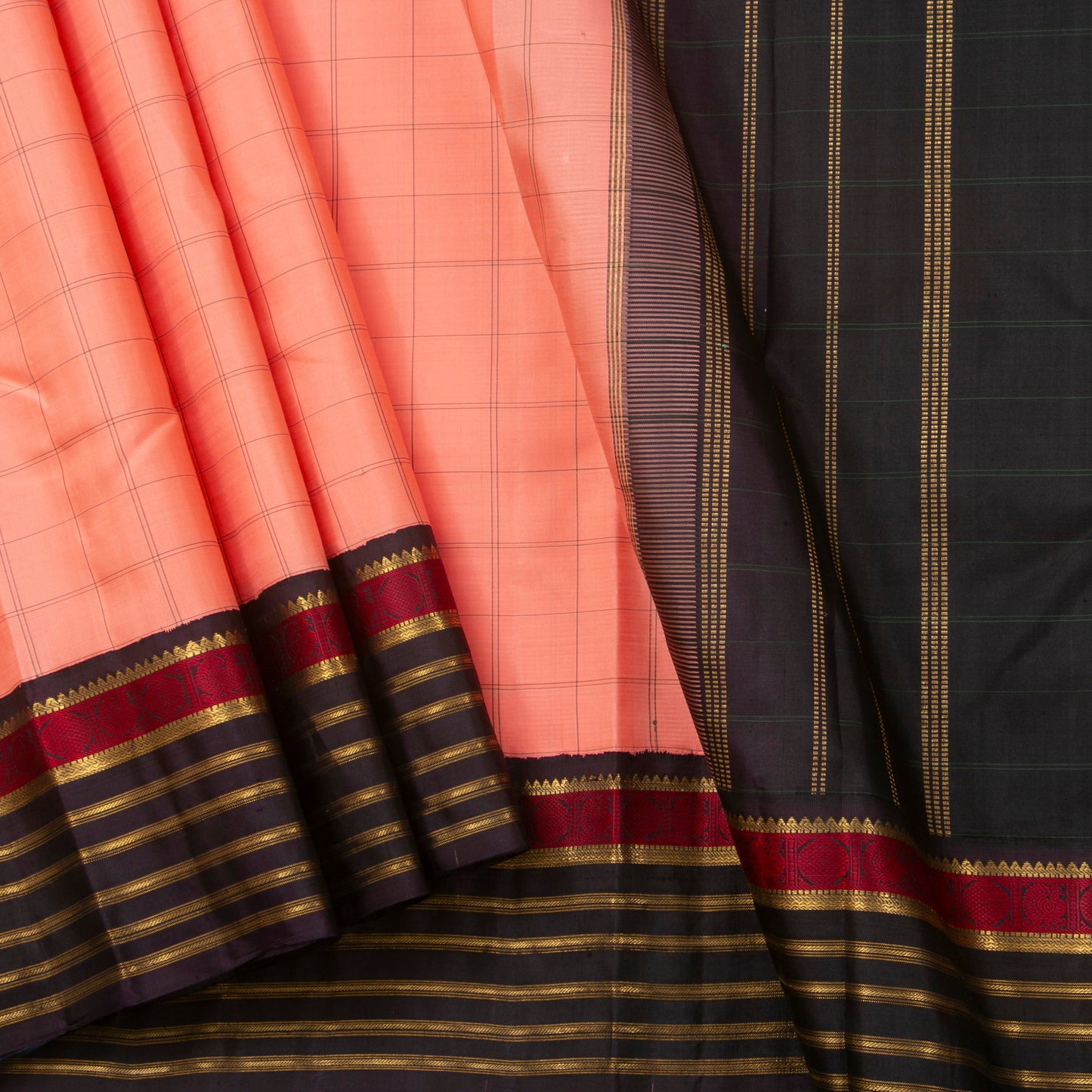 Peach And Black Kanchipuram Silk Saree For Festive Wear PV NYC 1333