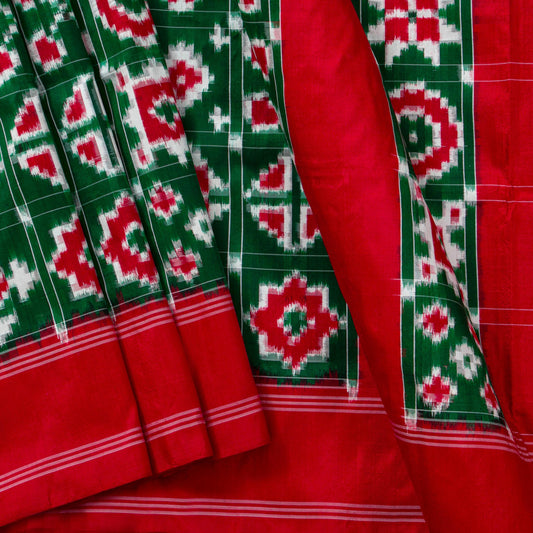 Green And Red Double Ikkat Pochampally Silk Saree Without Zari For Festive Wear PIK 377