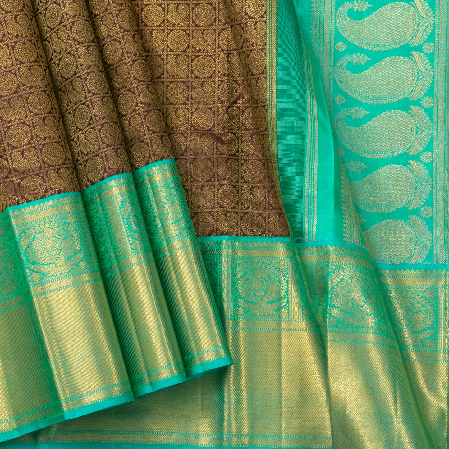 Brown And Sea Green Kanchipuram Silk Saree For Wedding Wear PV NYC 1366