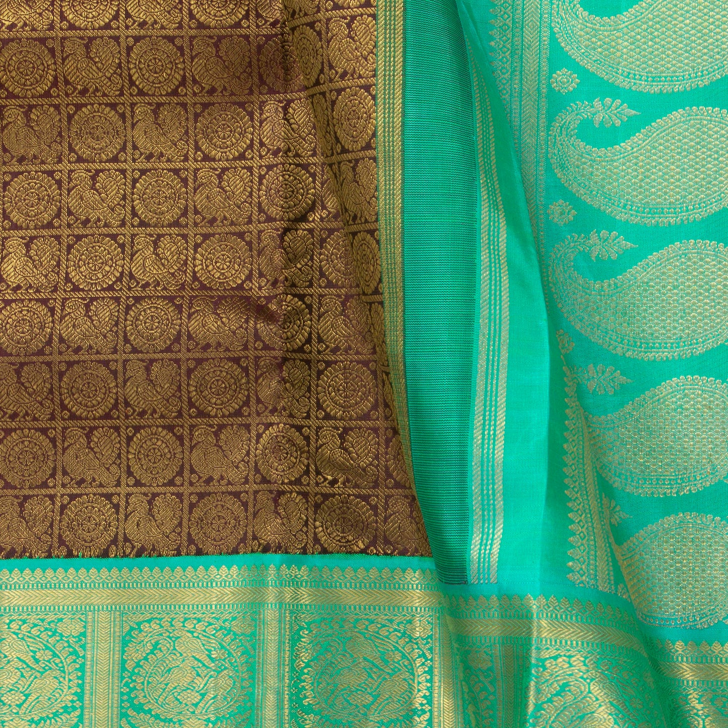 Brown And Sea Green Kanchipuram Silk Saree For Wedding Wear PV NYC 1366