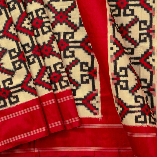 Cream And Red Double Ikkat Pochampally Silk Saree For Office Wear PIK 372