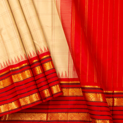 Off White, Red And Black Kanchipuram Silk Saree Ganga Jamuna Border For Festive Wear PV NYC 1412