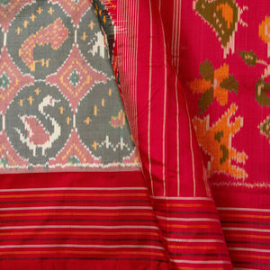 Grey And Red Double Ikkat Pochampally Silk Saree Without Zari For Festive Wear PIK 381