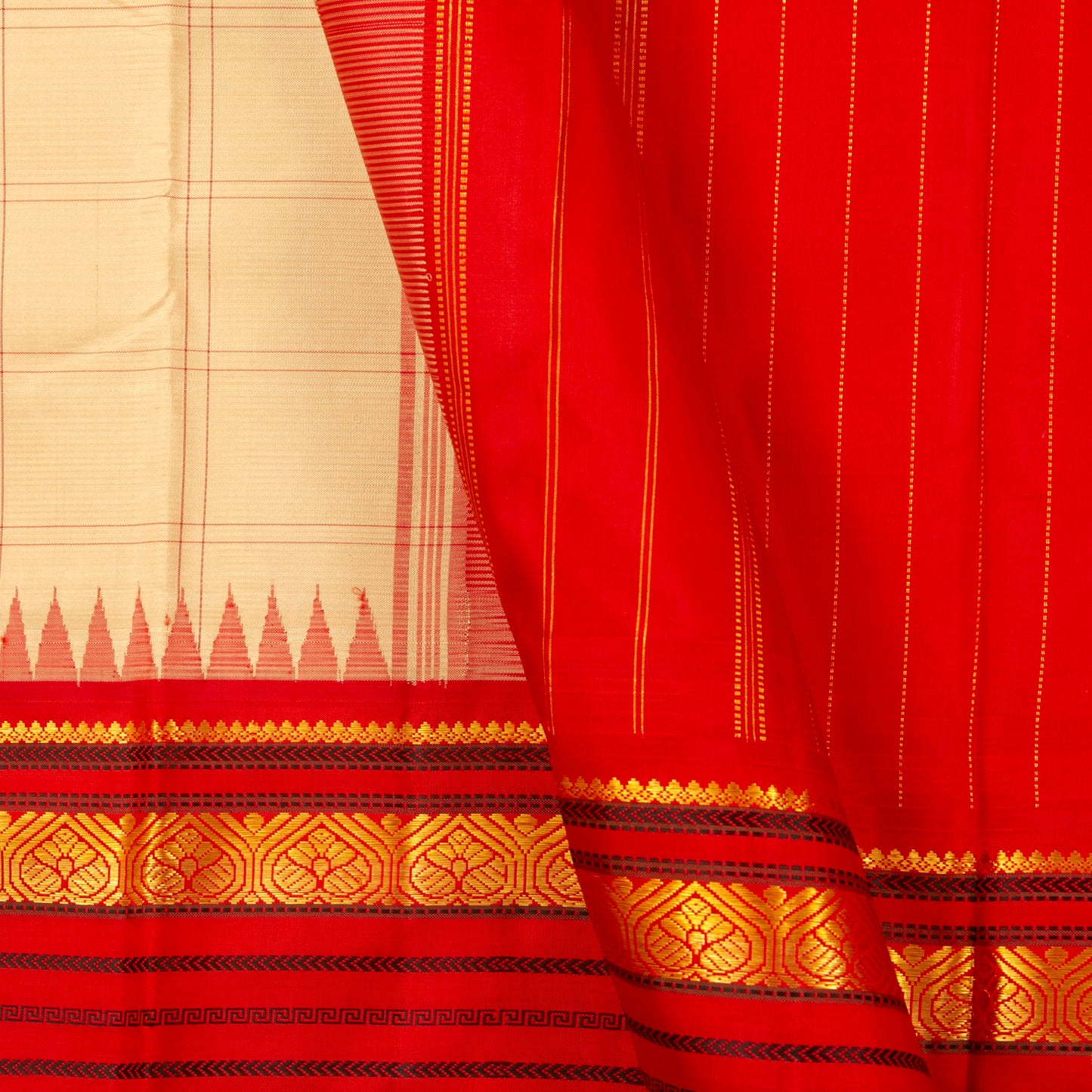 Off White, Red And Black Kanchipuram Silk Saree Ganga Jamuna Border For Festive Wear PV NYC 1412