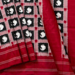 Black And Red Double Ikkat Pochampally Silk Saree Without Zari For Office Wear PIK 373