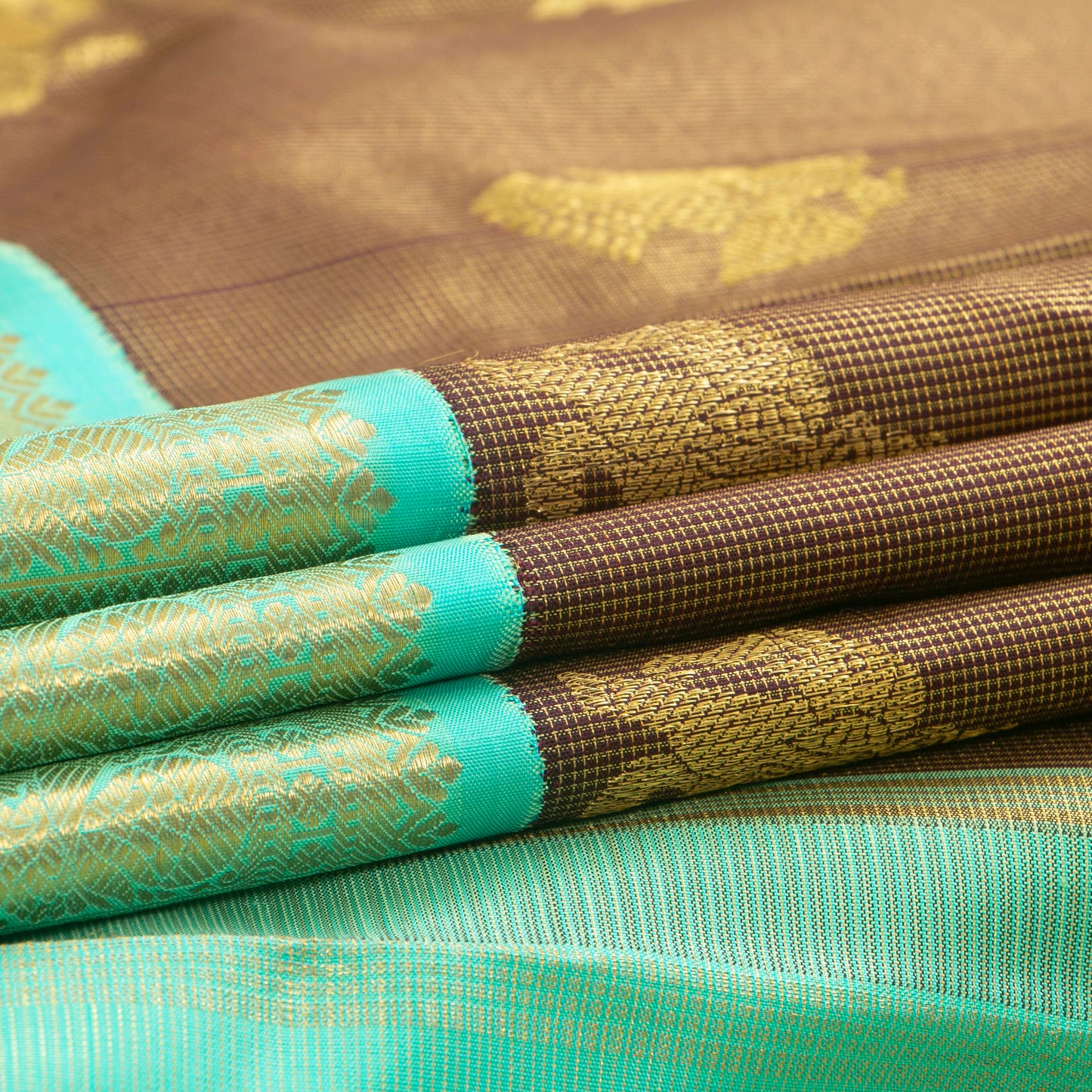 Brown And Sea Green Kanchipuram Silk Saree For Wedding Wear PV NYC 1379