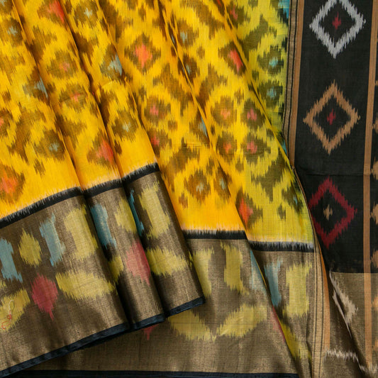 Yellow And Black Pochampally Ikkat Silk Cotton Saree With Tissue Zari For Festive Wear PV ISC 1022