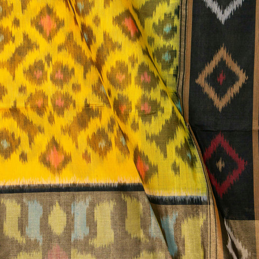 Yellow And Black Pochampally Ikkat Silk Cotton Saree With Tissue Zari For Festive Wear PV ISC 1022 - - Panjavarnam PV ISC 1022