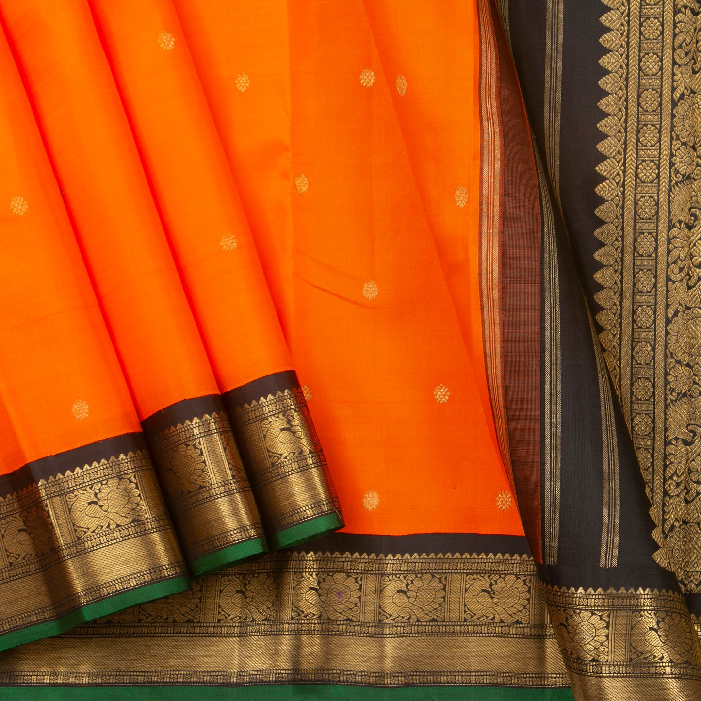 Orange And Black Kanchipuram Silk Saree For Wedding Wear PV NYC 1363