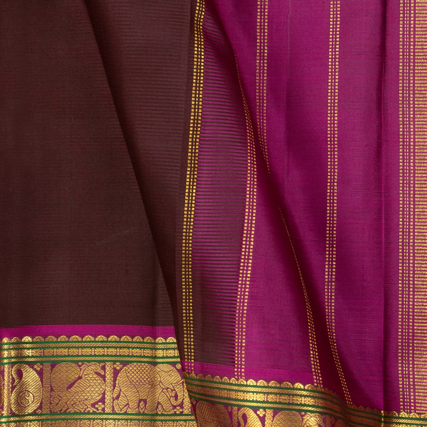 Brown And Magenta Kanchipuram Silk Saree For Wedding Wear PV NYC 1428