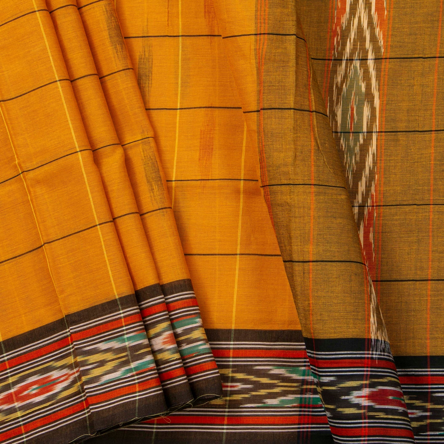 Mustard Yellow And Brown Sambalpuri Ikkat Cotton Saree For Office Wear PV SC 211