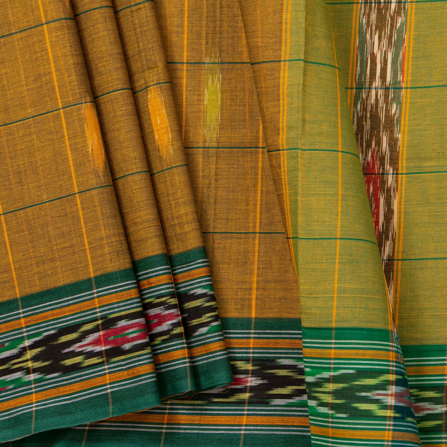 Brown And Green Pochampally Ikkat Cotton Saree For Office Wear PV SC 212