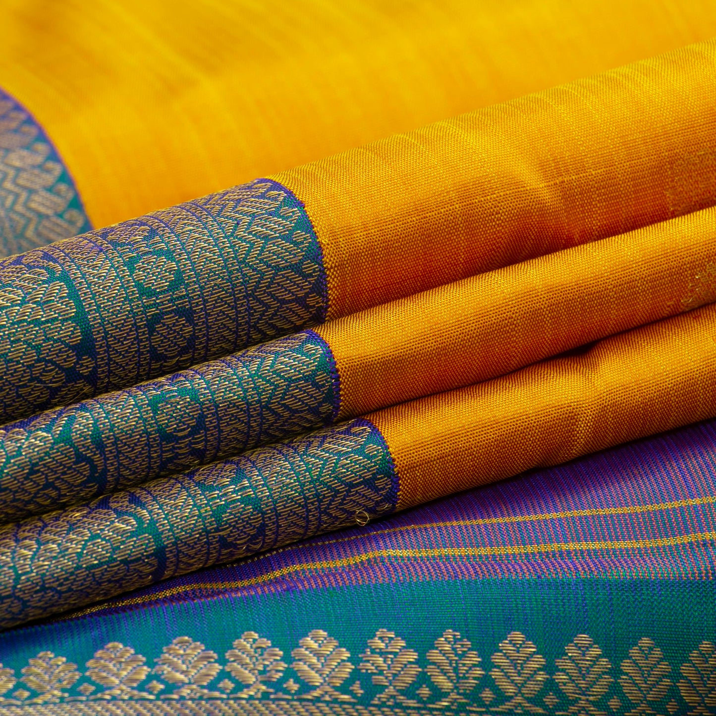 Yellow And Mayilkazhuthu Blue Kanchipuram Silk Saree For Wedding Wear PV NYC 1259